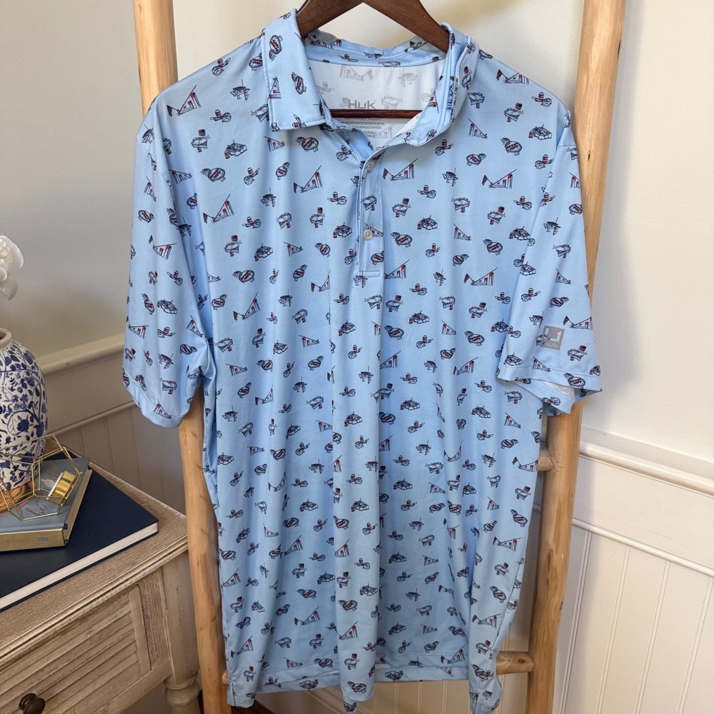 Huk Mens Performance Polo Shirt Large Light Blue Nautical Fishing Boat Print L